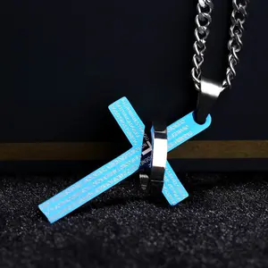 Blue Ice Lord's Prayer Cross Buckle Necklace, Stainless Steel Durable Color Preserving, Portable Scripture Guardian Pendant
