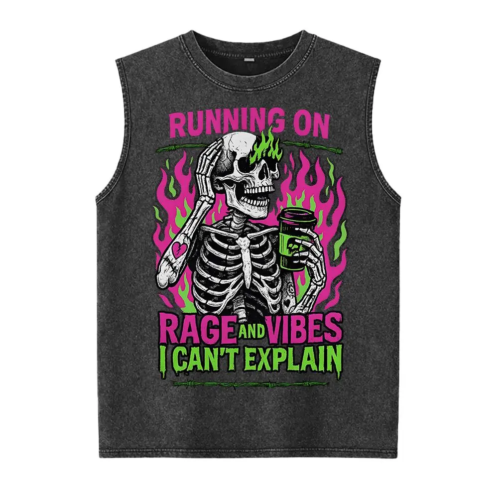 Running on Rage and Vibes Washed Vest, Funny skeleton Washed Vest, Coffee skeleton, Spooky skeleton coffee rage shirt, Sarcastic Washed Vest
