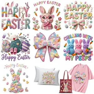 7 Piece Easter DTF Transfer Stickers, Heat Transfer Decals for Iron-On, Embroidered Style Heat Transfer for T-Shirts, Canvas Bags and DIY Crafts, Cute Easter Bunny Designs