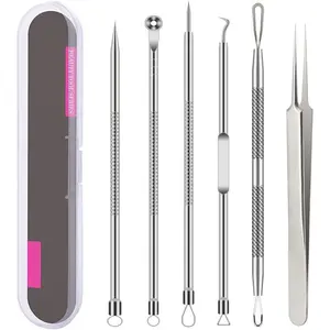 Pimple Popper Tool Kit, 6 Pcs Blackhead Remover Acne Needle Tools Set Removing Treatment Comedone Whitehead Popping Zit for Nose Face Skin Blemish Extractor Tool - Silver
