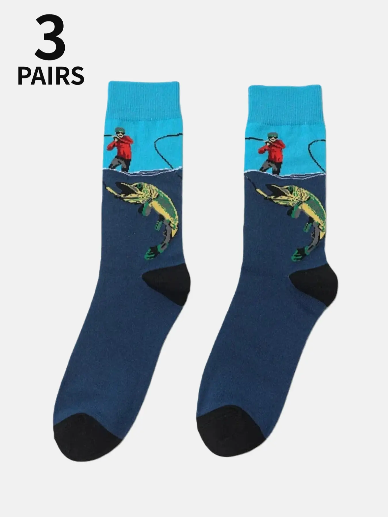 3 pairs of men's fishing knee-high socks, suitable for daily casual wear. These socks that can enhance fishing luck are an excellent gift for parties and social events.