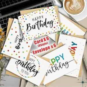 12pcs Happy Birthday Cards with Envelopes, 6 Designs, Craft Paper Envelopes and Labels, Wedding Cards, Thank You Cards, Invitations