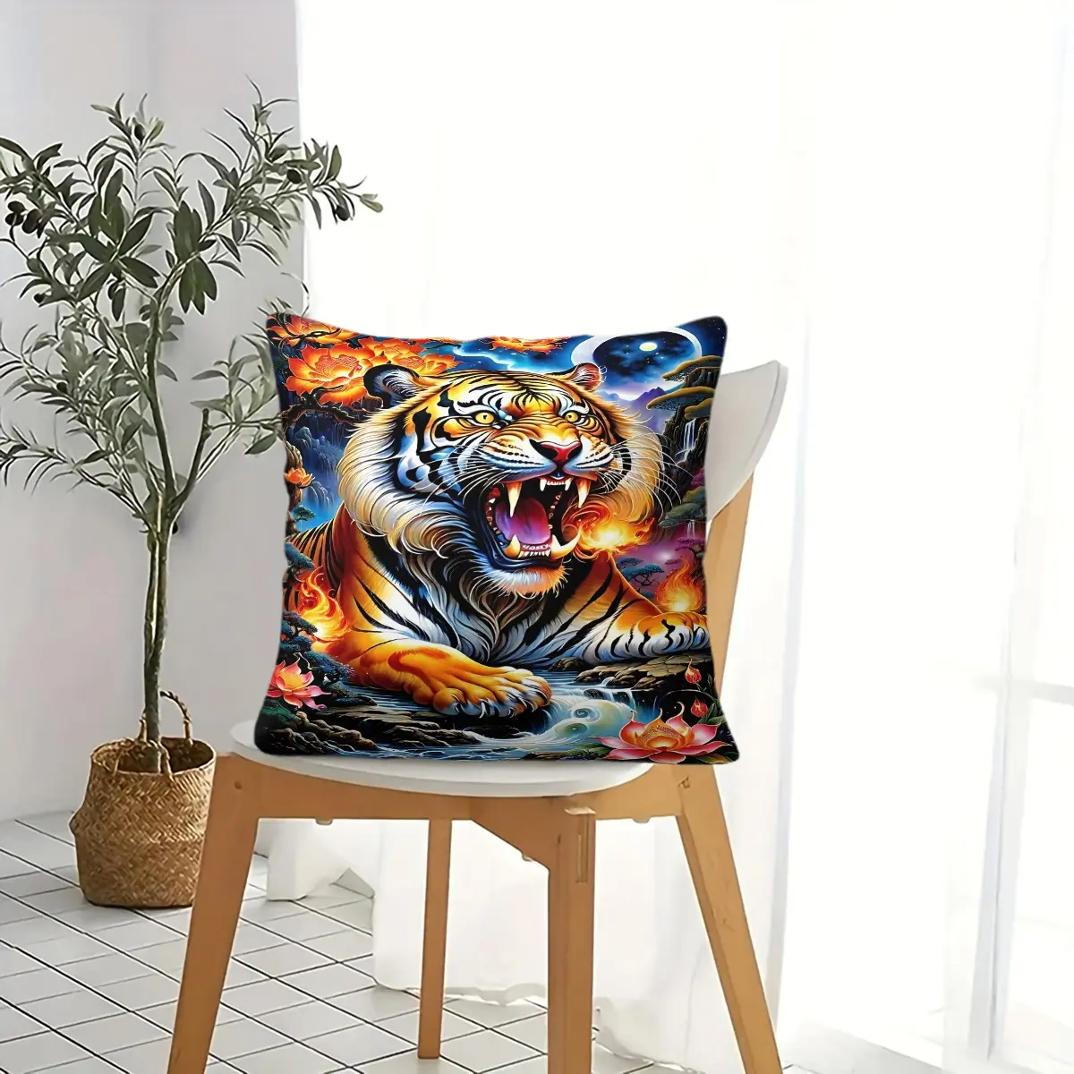 Tiger Print Pillow (Including Core), Animal Themed Pattern Pillow, Comfortable Skin Friendly Square Sofa Cushion, Invisible Zipper Design, Machine Washable, Personalized Animal Bedroom Sofa Decoration Pillow
