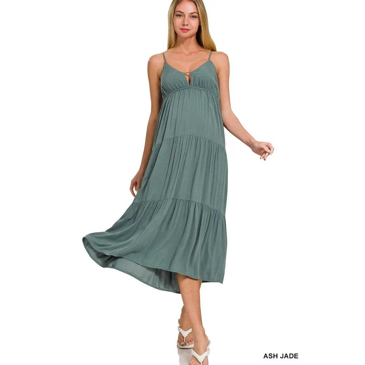 Zenana Jade Sweetheart Neckline Tired Cami Midi Dress - Sleeveless Summer Rayon Casual Adjustable Spaghetti Strap Dress for Women