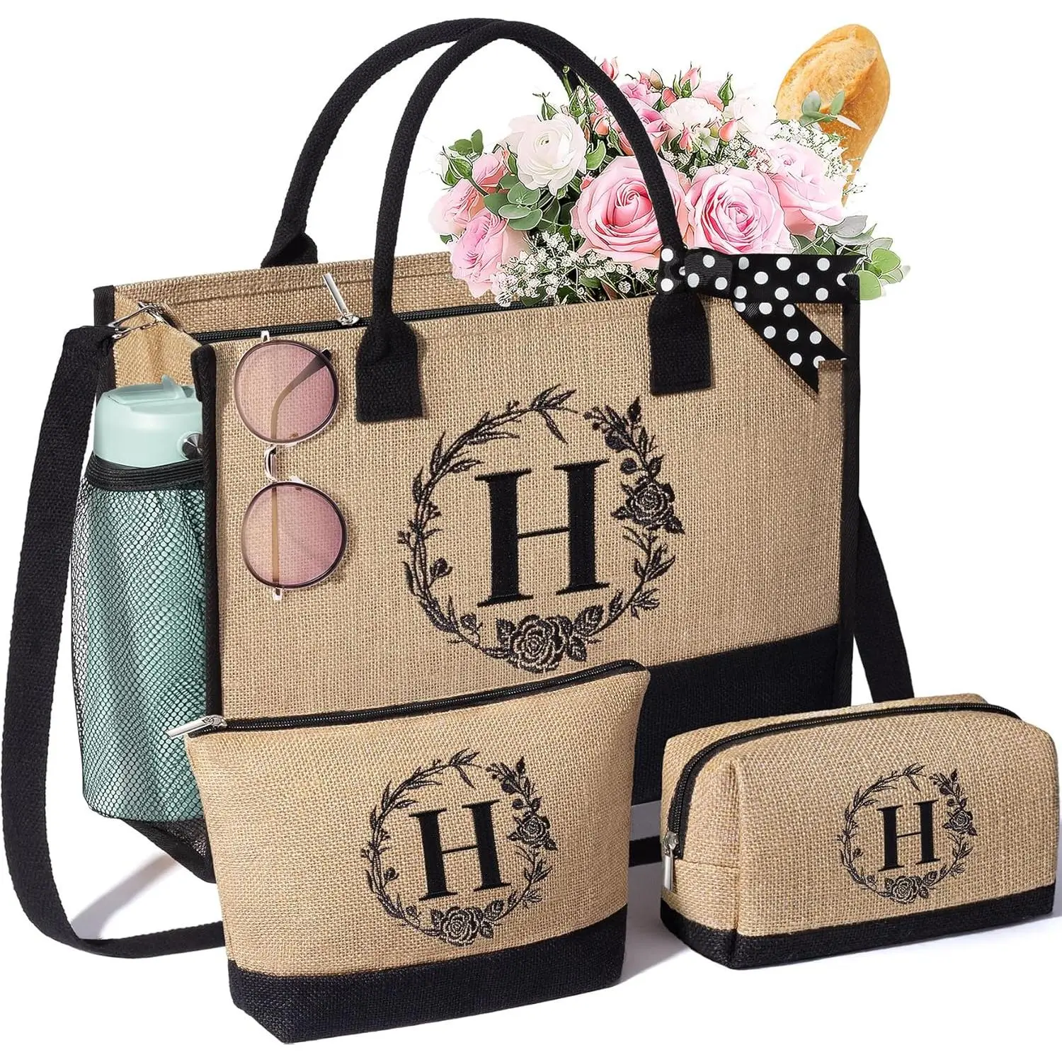 Personalized Gifts for Women Tote Bag, Initial Jute Tote Bag & Makeup Bags Monogrammed Beach Bag w/ Zipper, Birthday Gifts Mothers Day Gifts for Mom Women Her Friend Sister Wife Grandma Teacher Nurse