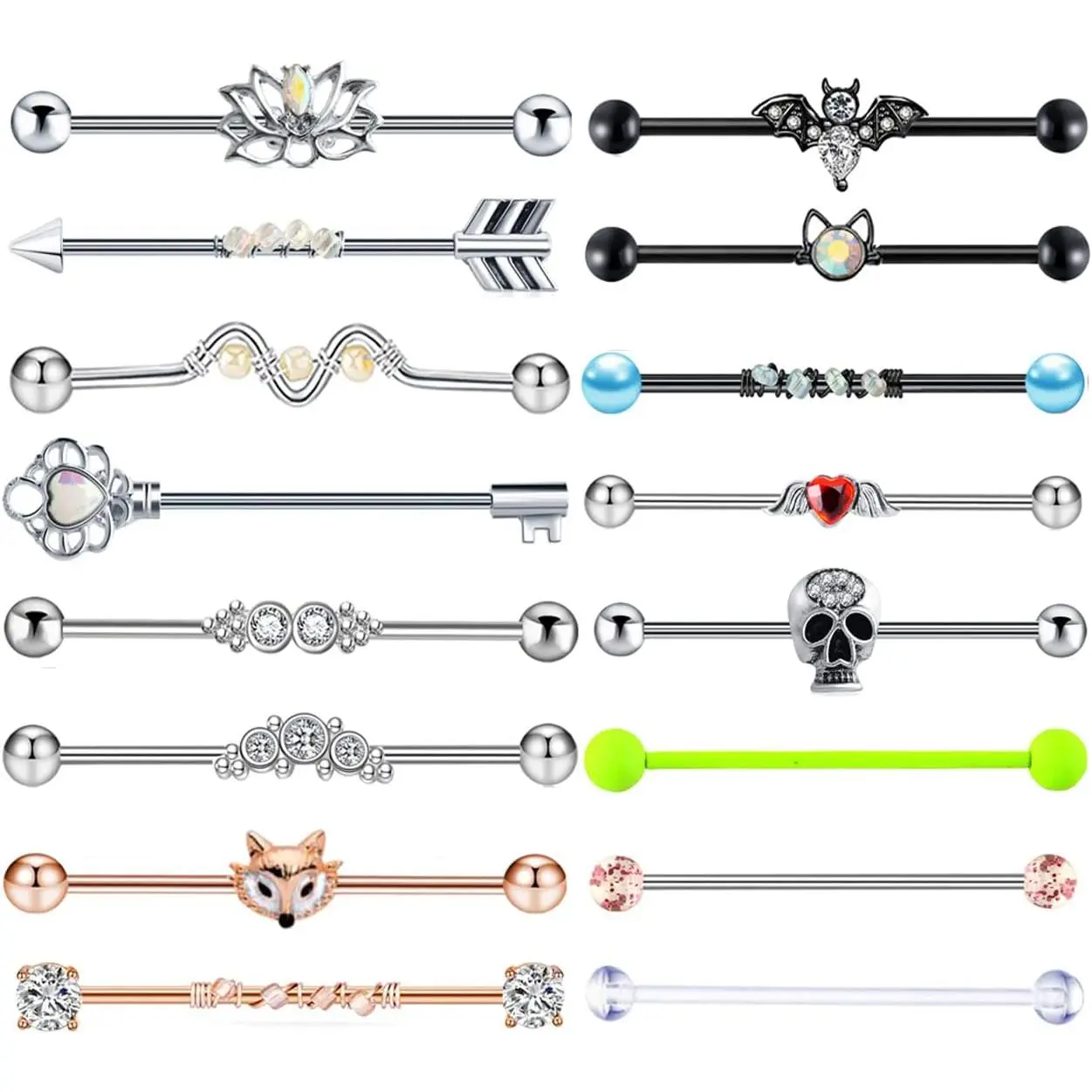 8-17Pcs Industrial Piercing Jewelry Set, 14G 38mm Hypoallergenic Stainless Steel Long Barbells for Cartilage Helix Conch Piercings for Women and Men