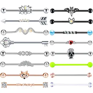 14G Industrial Barbell Earrings Stainless Steel Long Cartilage Helix Conch Body Piercing Jewelry 7-18pcs