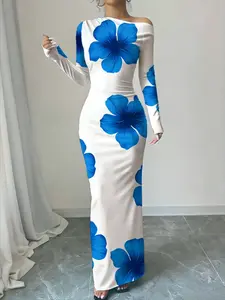 Elegant Floral Print Off-Shoulder Bodycon Dress, Lady Sexy Slim-Fit Long Dress Womenswear for Spring & Fall, Comfortable Fabric for Casual