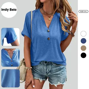 Imily Bela Women's short-sleeve V-neck button-up fitted top T-Shirt / Women's Top Button  V-Neck Short  Sleeve Shirt Style T-Shirt