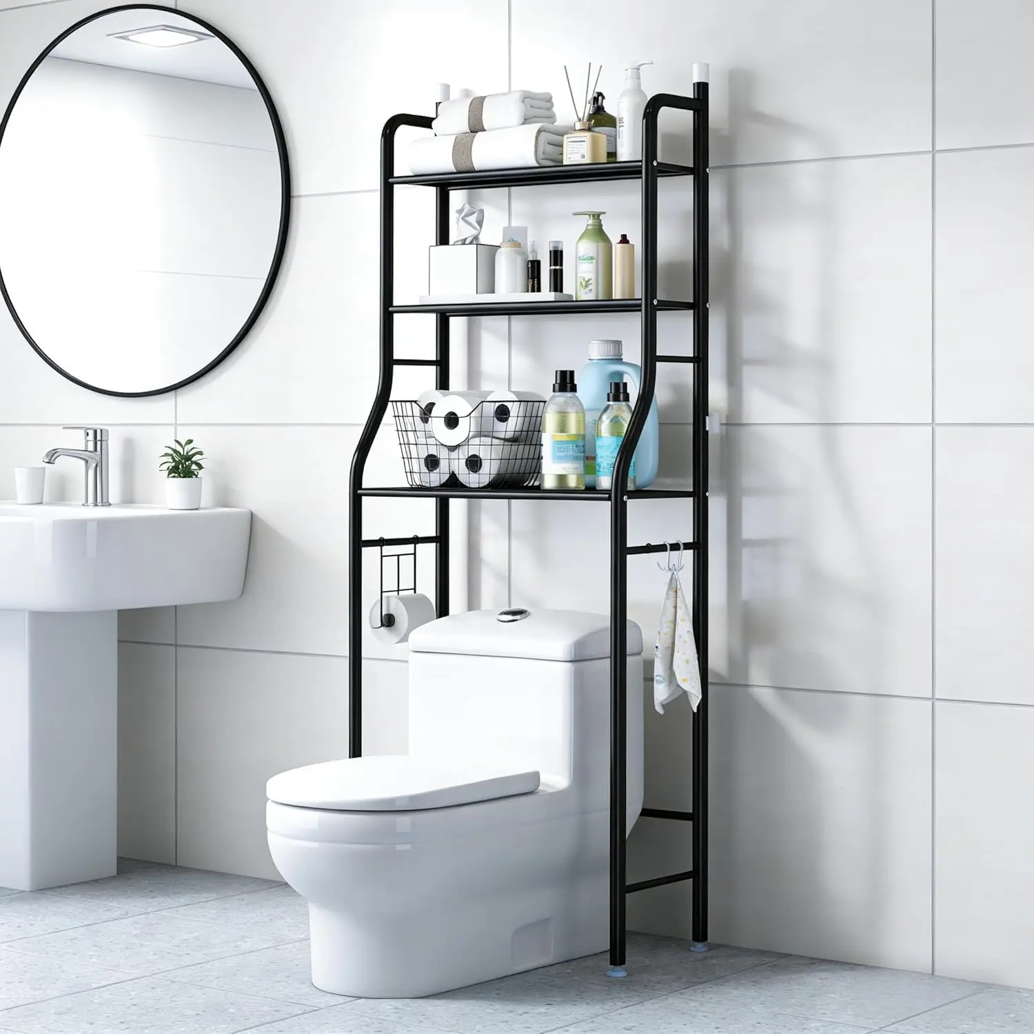 Metal Over-The-Toilet Storage Rack - Contemporary Modern Bathroom Decor, Space-Saver Organizer with Removable Towel Hooks, Paper Holder, Extra Storage for Restroom