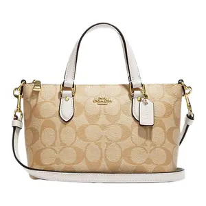 COACH Gallery 20 Classic Print Canvas and Leather Top Handle Crossbody Bag for Women in Khaki and White