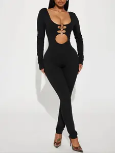Women's Plain Cut Out Ring Linked Jumpsuit, Casual Long Sleeve Scoop Neck Jumpsuit for Club Music Festival, Ladies Clothes for All Seasons, Casual Jumpsuits