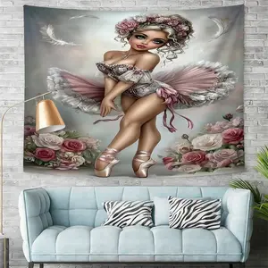 Ballet Girl Romantic Dreamy Wall Tapestry,Large Bright Eyes Elegant Pink White Ballet Dress Delicate Lace Patterns Pink Pointe Shoes Digital Print Tapestry,Whimsical Wall Hanging Bedroom Decor,Beautiful Dreamy Aesthetic Wall Art,Cozy Heart Warming Vibes.