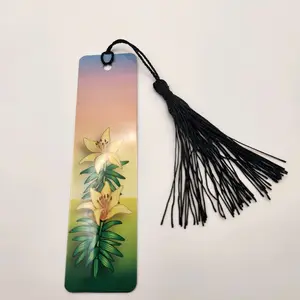 Yellow Lilies on a Setting Sun Background Aluminum Bookmark with a Black Tassel Set of 1