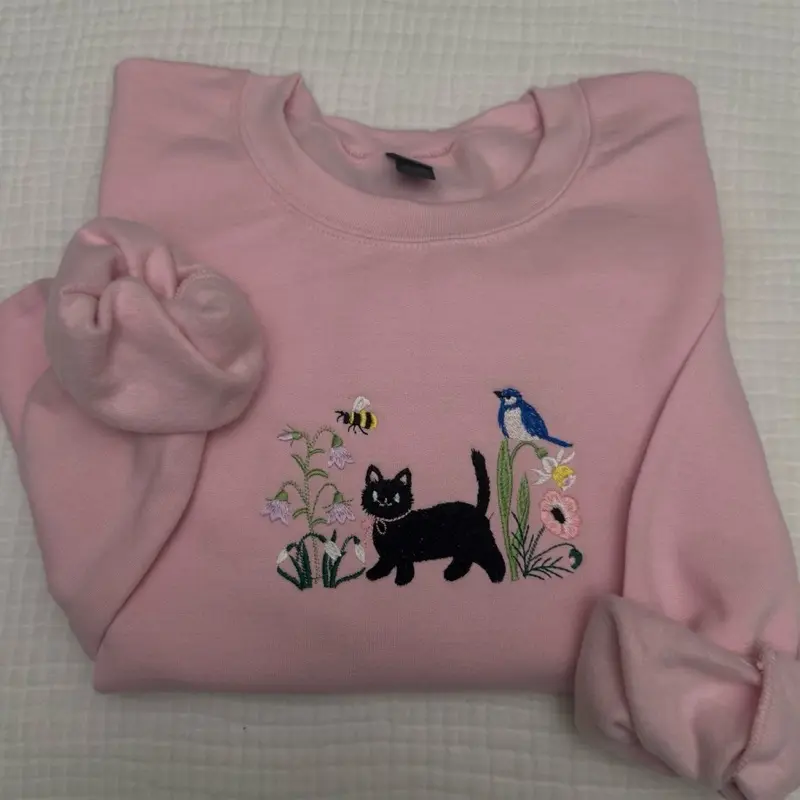 Spring floral meadow BLACK cat embroidered sweatshirt