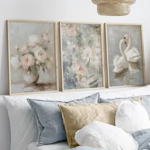 Set of 3 Vintage Floral Swan Love Wall Art Print, White Peony Oil Painting Canvas Posters, Impressionist Art Prints, Flower, Country Farmhouse Decor, Indoor Decoration, Ideal Gifts For Bedroom, Living Room, Home & Room Decoration, Unframed