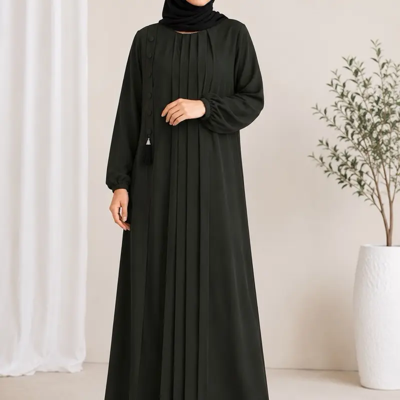 Women's Islamic Abaya - Dark Olive Green, Elegant Pleated, Button Detail, Traditional Style Muslim Clothing, Modest Muslim Outfits, Women's Clothes, Clothes