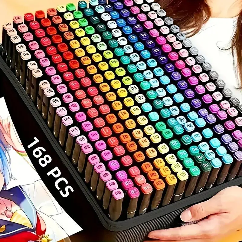 168-Piece Dual-Tip Alcohol Ink Markers Set, Brush & Chisel Tip Permanent Pens for Adult Artists, Ideal for Illustration Sketching, Office Art Supplies & Gifting