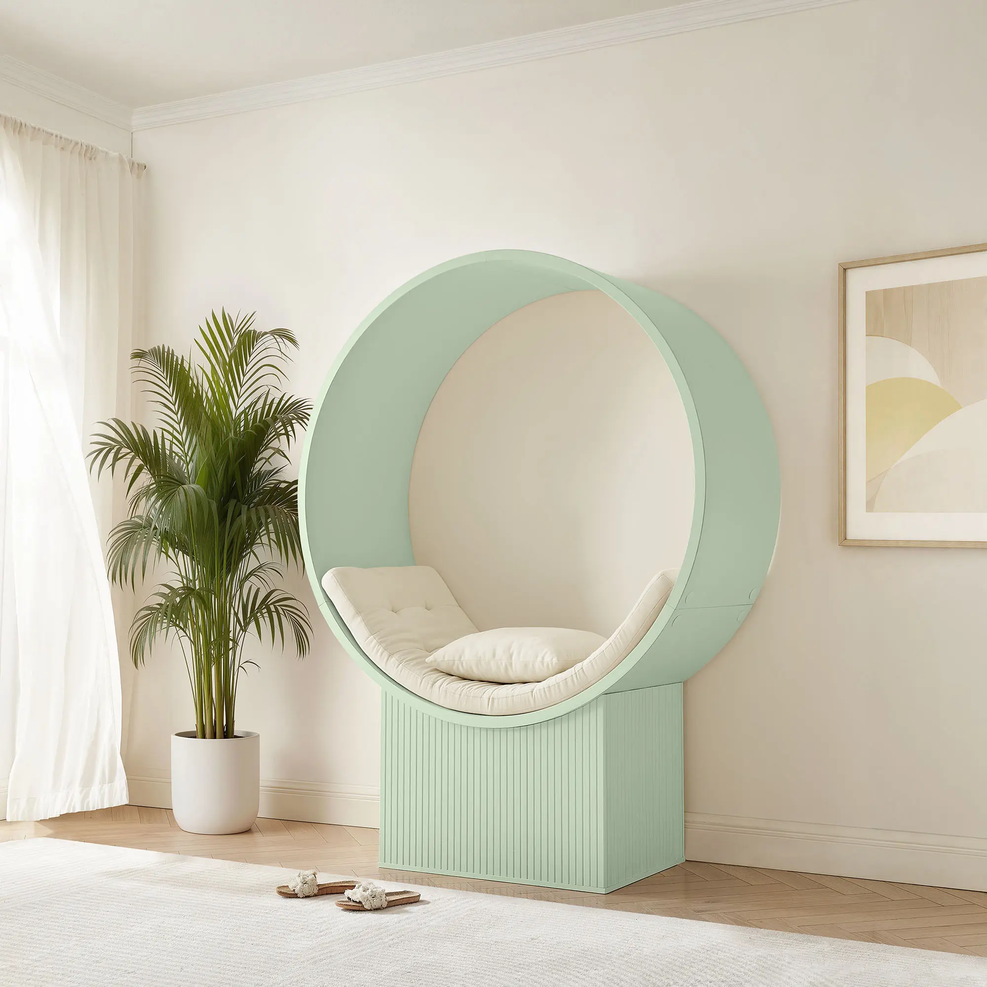 Modway Round Sculptural Statement Chair - Sage Ivory, Tufted Armchair with Foam & Supportive Back Pillow, Tall Circular Structure, Cocoon Alcove Accent, Fluted Pedestal Base, Molded Wood Grain, Entryway Living Room Indoor Furniture, Assembly Required
