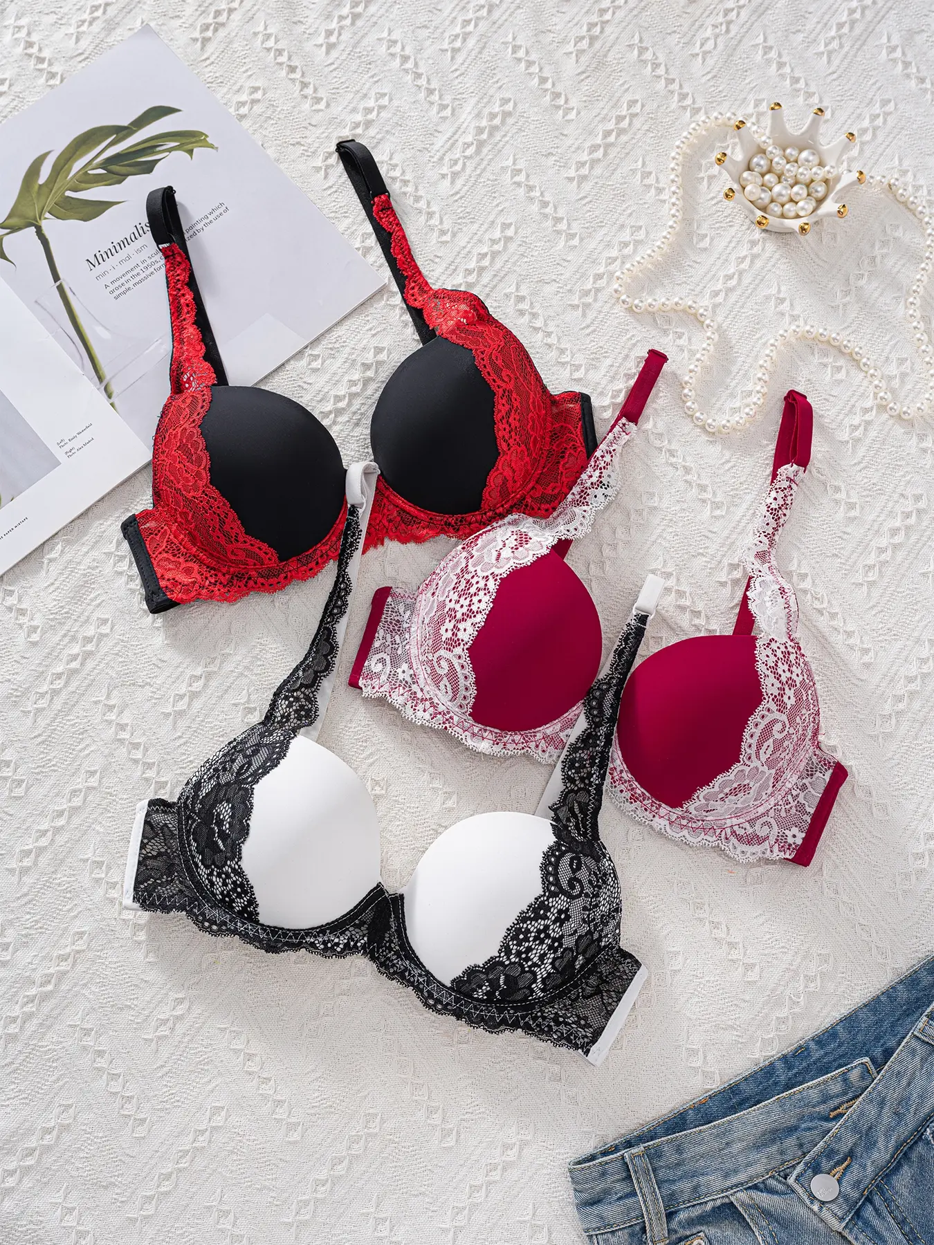 Contrast Lace Push-Up Bra Set, 3-Pack Colorblock Comfort Design, Perfect for Small Bust Women, Romantic Underwear for Daily Wear