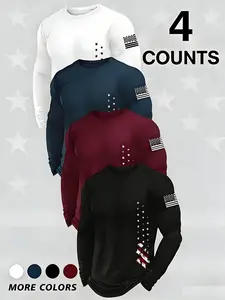Men's 4-Piece Long Sleeve American Flag Thermal Top T-Shirt Set, Casual Home Fashion Sportswear, Sweat-Wicking Breathable Quick-Dry Fabric