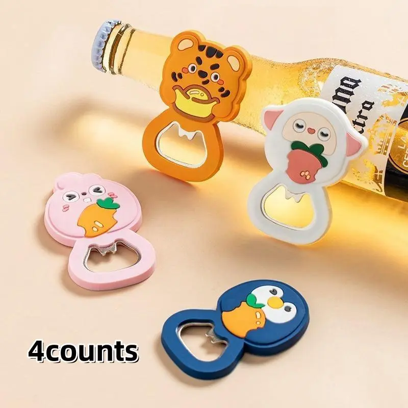 Cartoon Animal Design Decorative Bottle Opener, 4 Counts/set Cute Mini Fridge Magnet Bottle Opener, Multifunctional Bottle Cap Remover for Home Kitchen Office Kitchen Gadgets