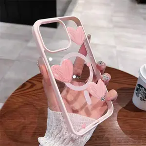 Pink Heart-Shaped Print Transparent Magsafe Case for iPhone 17 Pro Max Air 16 16e 15 14 Plus 13 12 11 X XS Acrylic Magnetic Anti-Scratch wireless charging compatible Phone Back Cover Valentine's Day Gift 2D printing