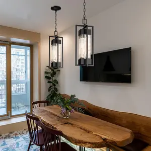 Outdoor Indoor Pendant Light Fixture, Modern Metal Hanging Lantern Ceiling Mount, Rustproof Chandelier Lighting Exterior with Water Glass for Porch, Garage, Gazebo, Patio (Bulb Included)