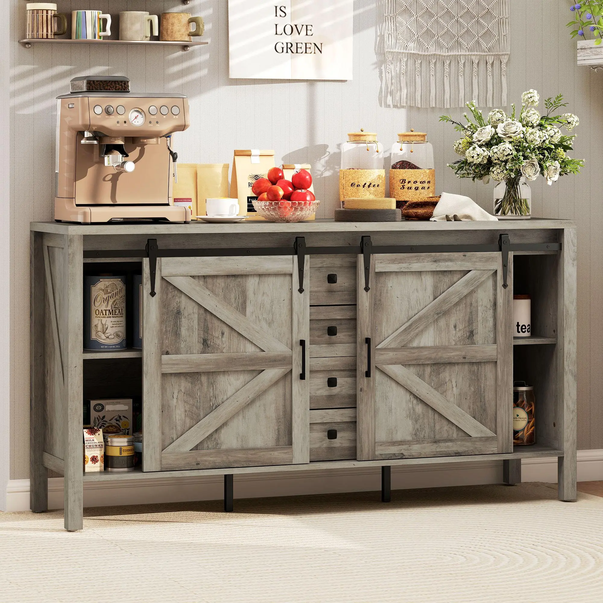 HOMCOM 59 Inch Farmhouse Sideboard Buffet Cabinet with Thick Top, Coffee Bar Cabinet with 2 Sliding Barn Doors, 4 Drawers and 2 Adjustable Shelves for Kitchen, Distressed White
