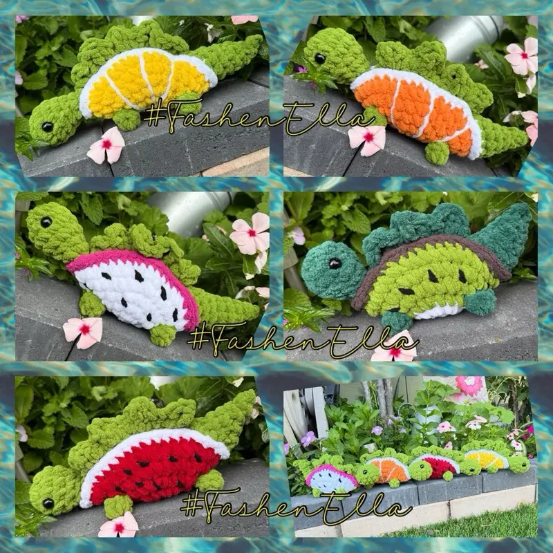 FashenElla DinoFruit Amigurumi Crochet Dino with Fruit Theme Kiwi Orange Lemon Watermelon & Dragonfruit Soft Toy Collection