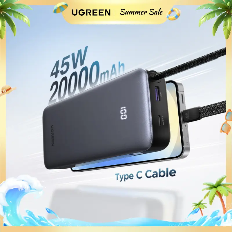 UGREEN Nexode Power Bank 20000mAh 45W with Built-in Cable, Fast Charging Portable Charger for iPhone 17 Pro/Samsung S25 Ultra/iPad Pro, 3-Port External Battery Pack with Digital Display, Travel Ready,Summer Sale