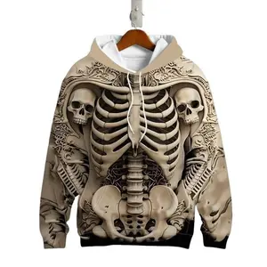 Men’s beige hoodie with a 3D skeleton print, black contrast trim streetwear top featuring an anatomical rib design, gothic-style pullover for alternative menswear fashion, long sleeves