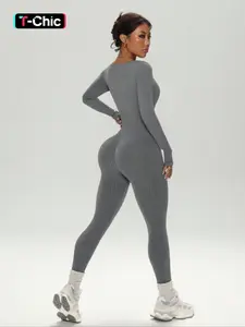Women's Fall Winter Knitted Ribbed U-Neck Long Sleeve Jumpsuit, Sporty Comfy Jumpsuit, Workout, High Stretch Waistband Tight Fit Pants for Running Fitness Yoga, Sports Jumpsuits