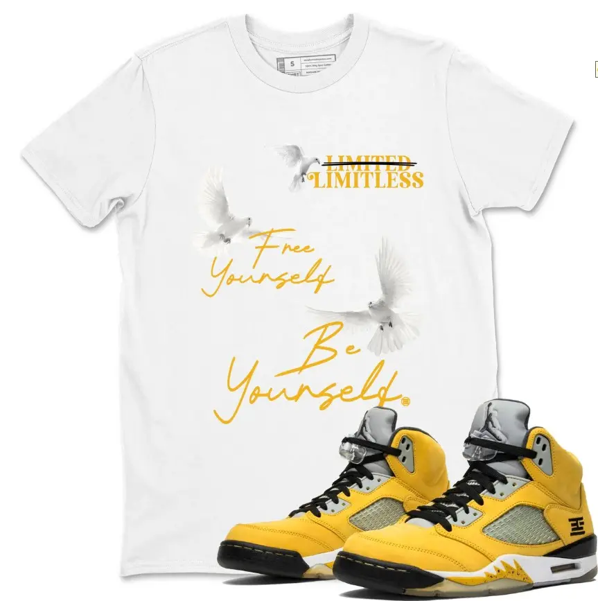 Outfit wear with AJ 5 Tokyo Sneaker, Tokyo 5s Shirt, Tokyo 5s Outfit, 100% Cotton, Yellow White Outfit, Classic Fit, Unisex Casual Everyday Wear, Womenswear Tops