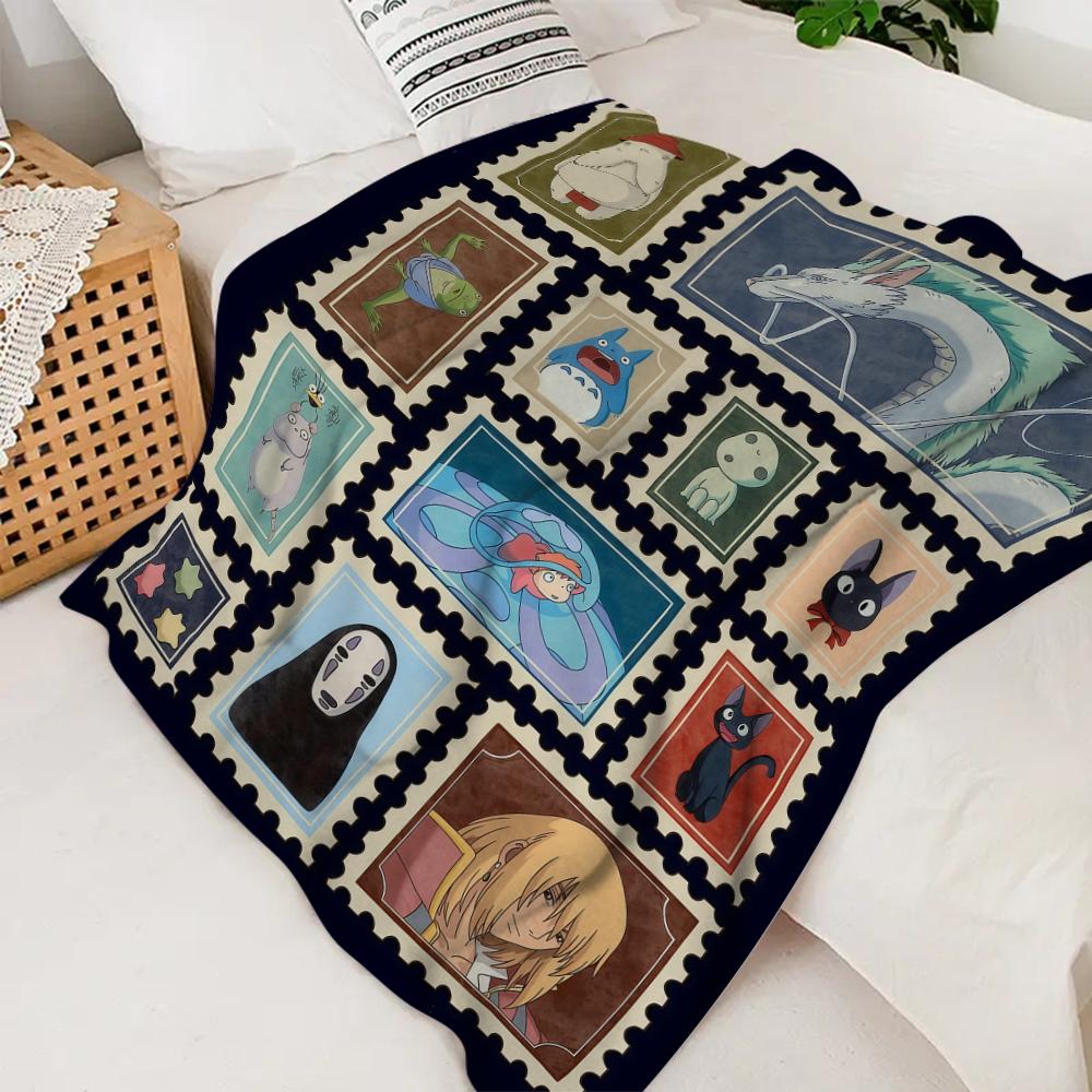 Retro Ghibli Blanket Soot Sprites Flannel Blanket Ghibli All Characters Stamp Blanket Mononoke Soft Warm Throw For Gamer Room Decor Dorm Essential Bed Sofa Home Gift