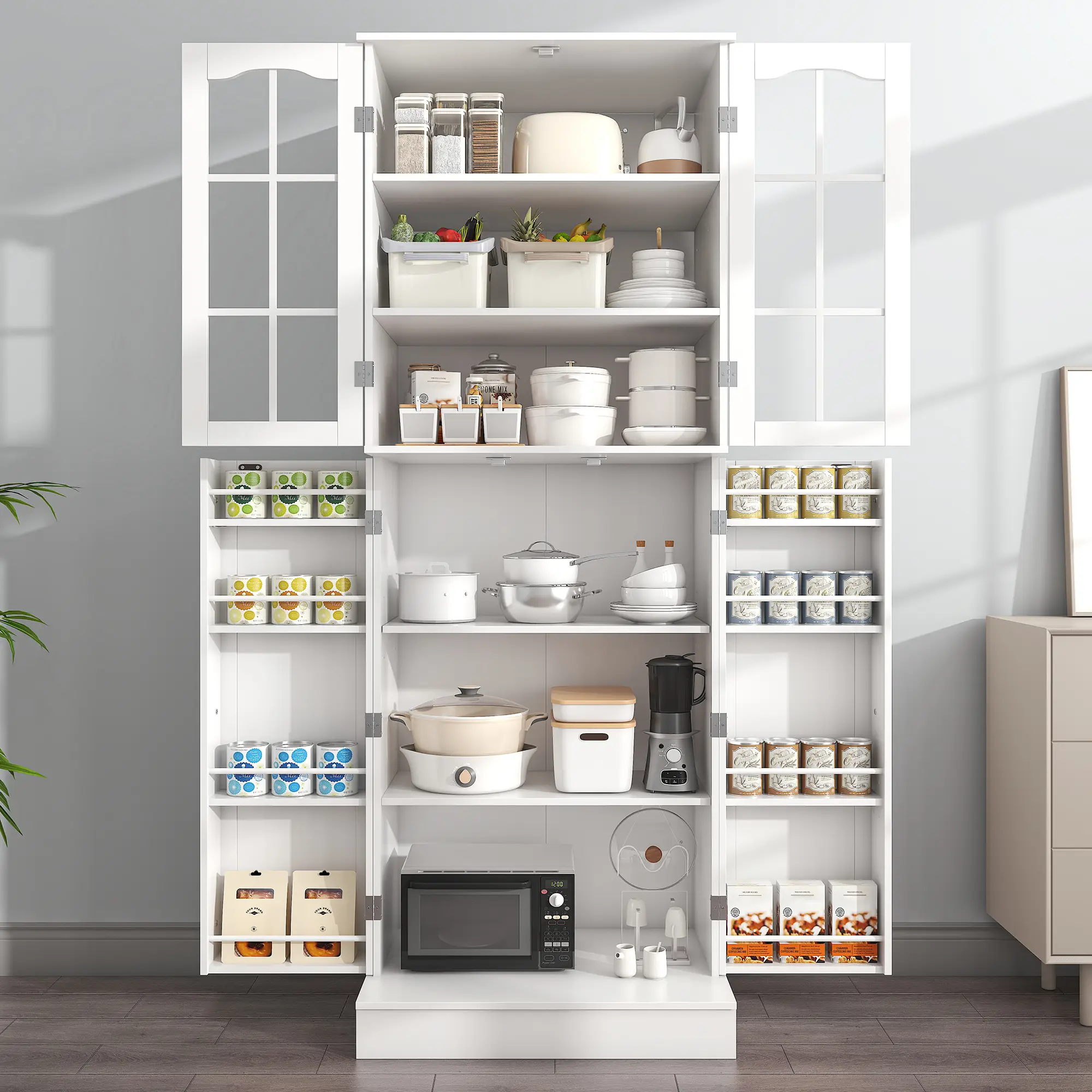 64” Kitchen Pantry Cabinets, White Freestanding Kitchen Pantry Storage Cabinet with Adjustable Shelves & Doors, Buffet Cupboards Sideboard Tall Storag