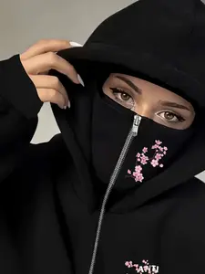 Women's Two-Layer Hat Zip Pocket Sweatshirt, Plum & Text Print, Fall Winter Casual Loose Fit Long Sleeve Top, Easy to Match Any