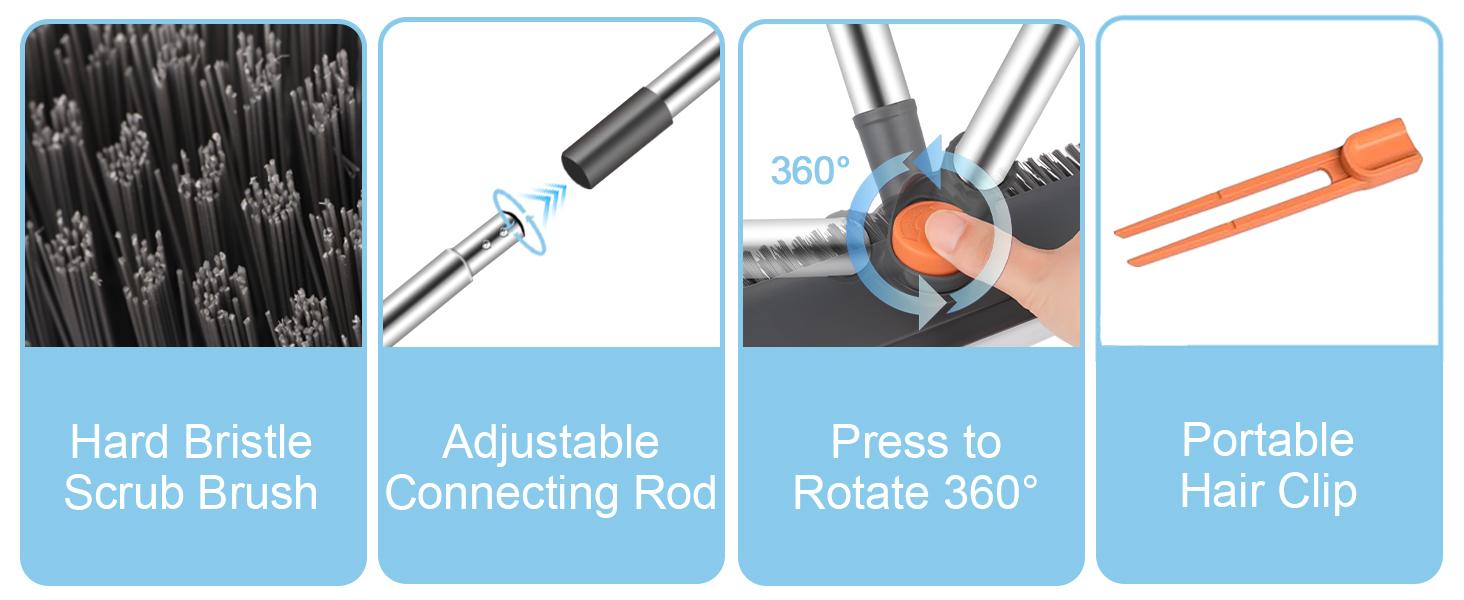 Floor Scrub Brush with Long Handle, 360° Rotating 3 in 1 Heavy Duty Floor Scrubber with Stiff Bristles, Squeegee & Tweezer, Deep Cleaning Push Broom for Bathroom, Shower, Tile, Grout, Patio, Deck, Garage, Kitchen Floor Cleaning Tool