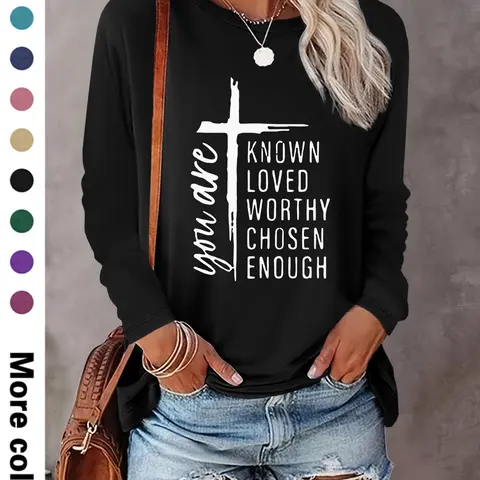 Women's Letter Print Round Neck Tee, Casual Long Sleeve Crew Neck T-shirt  for Fall & Winter, Women's Clothes for Daily Wear