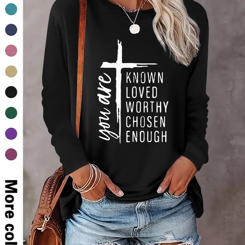 Women's Letter Print Round Neck Tee, Casual Long Sleeve Crew Neck T-shirt for Fall & Winter, Women's Clothes for Daily Wear