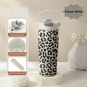 PIKPAKA Leopard Pattern Vacuum Flasks 700ml Ceramic Lined Tumbler with Tea Infuser & Hidden Straw, Vacuum Insulated Travel Mug, Long Cold Retention Coffee Water Bottle with Handle & Non-Slip Base