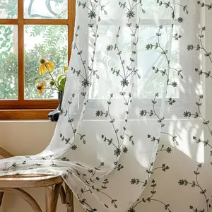2 Panels Leaf Flora Embroidered Farmhouse Semi Sheer Curtain Voile Curtains for Living Room Bedroom Window Treatment White Sage Green 53 x 84 Inch