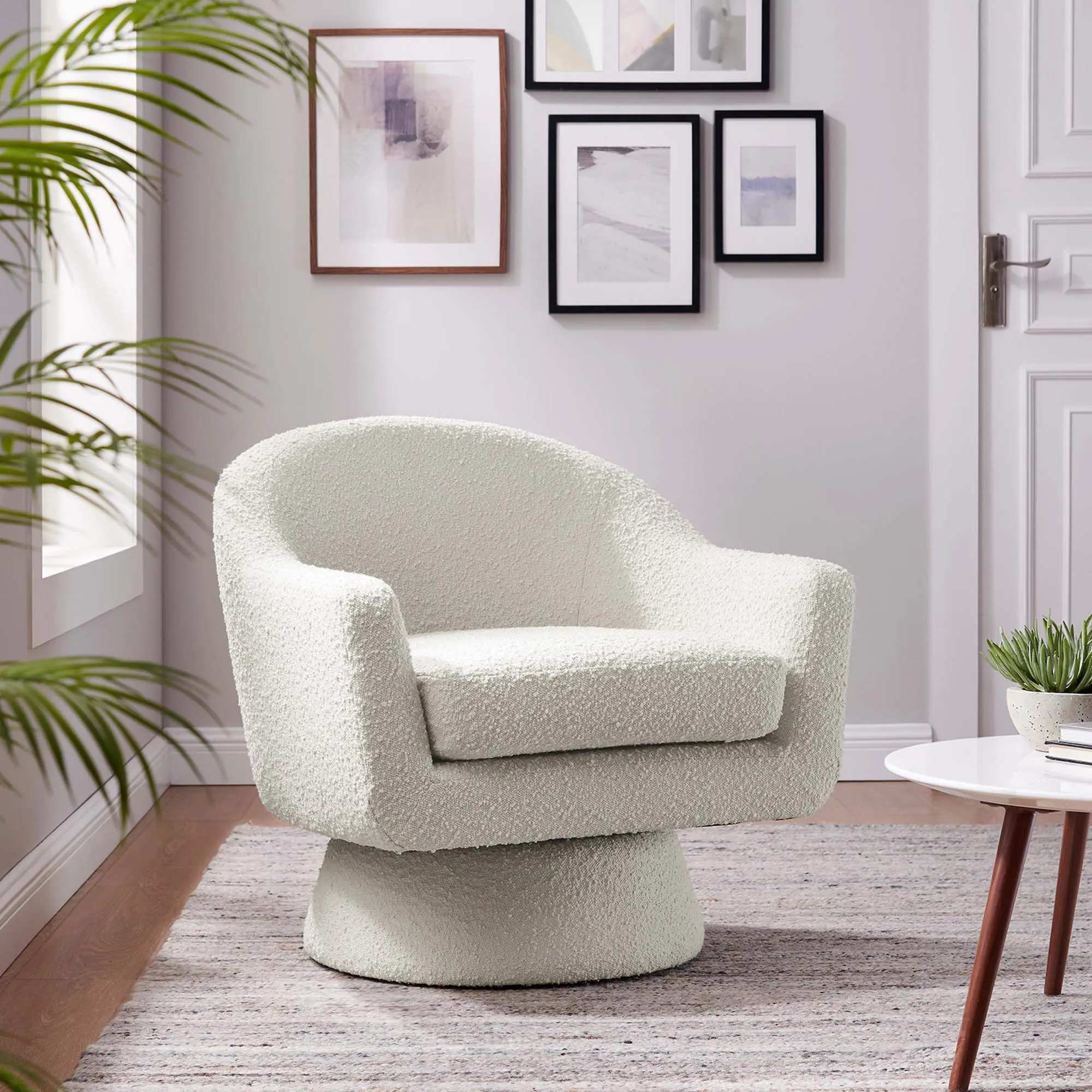 Astral Boucle Fabric Swivel Chair in Ivory