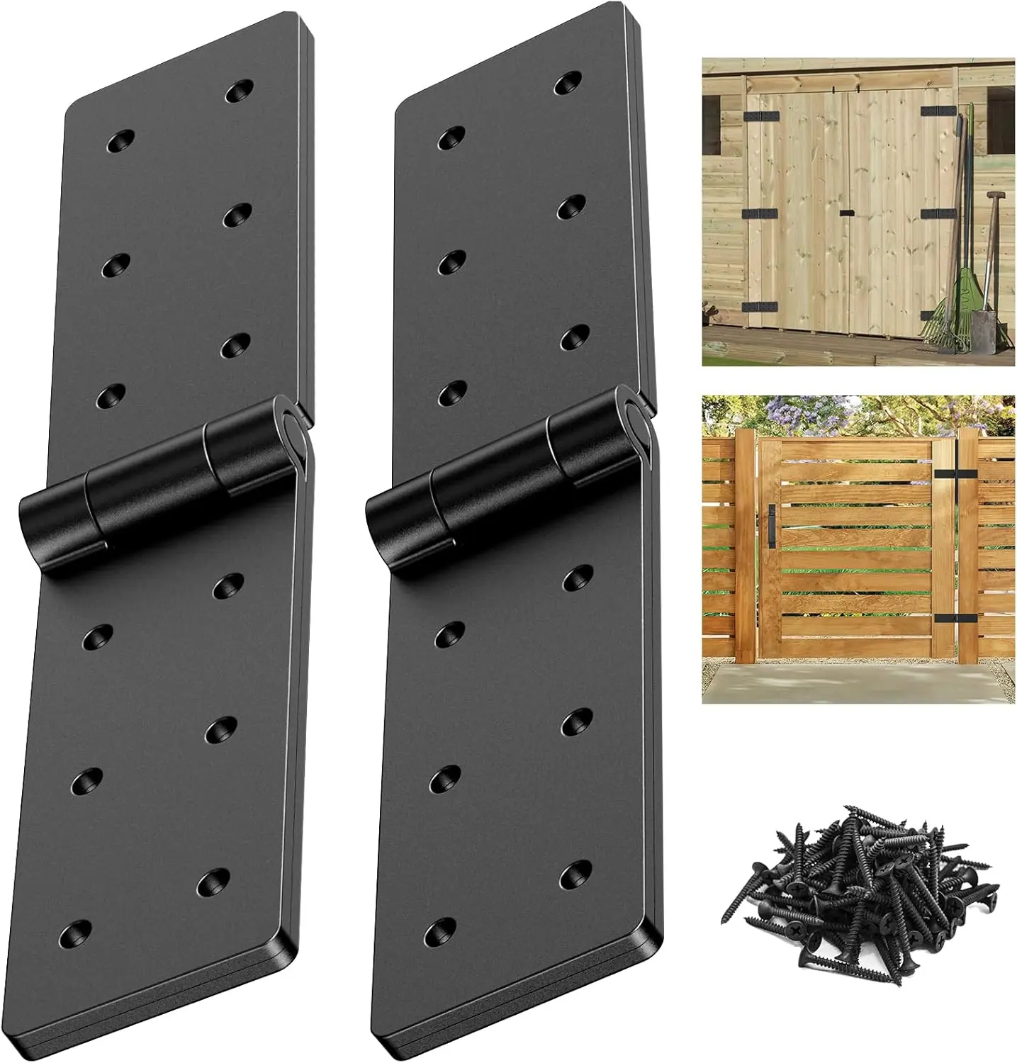 Heavy Duty Gate Hinges, 270° Fold-Flat Adjustable Hinge for Wooden Fence, Barn Door, Shed & Outdoor Gates, Rust-Resistant Black Iron, Easy DIY Installation (2PC, Black)
