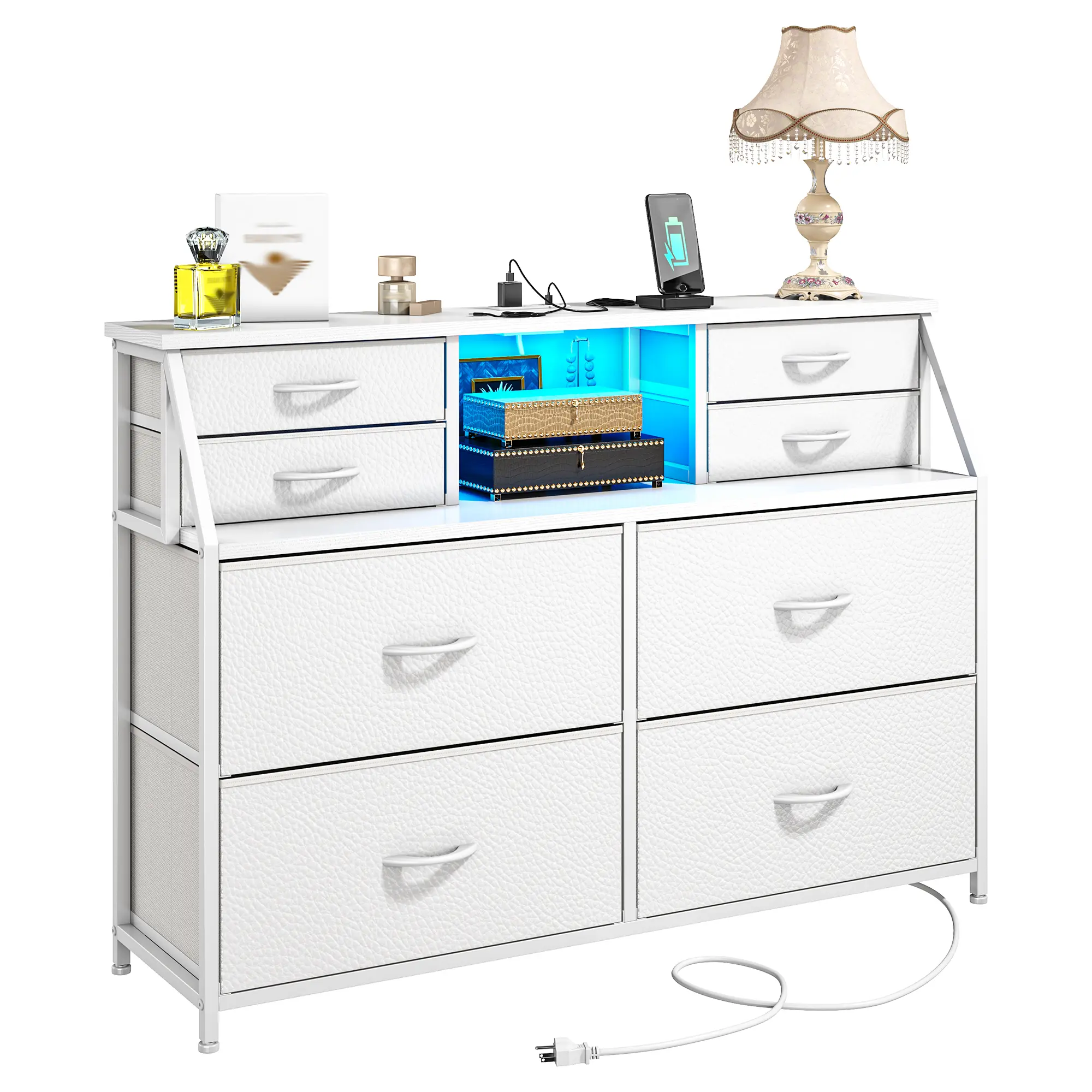 【Home Decor】Homkdom Cute 8 Dresser for Bedroom with Charging Station & LED Stripe, Stylish Space-saving Dresser with Extra 2 Open Shelves for Organization, Small Chest of Drawers for Hallway, Entryway, Closet, Playroom