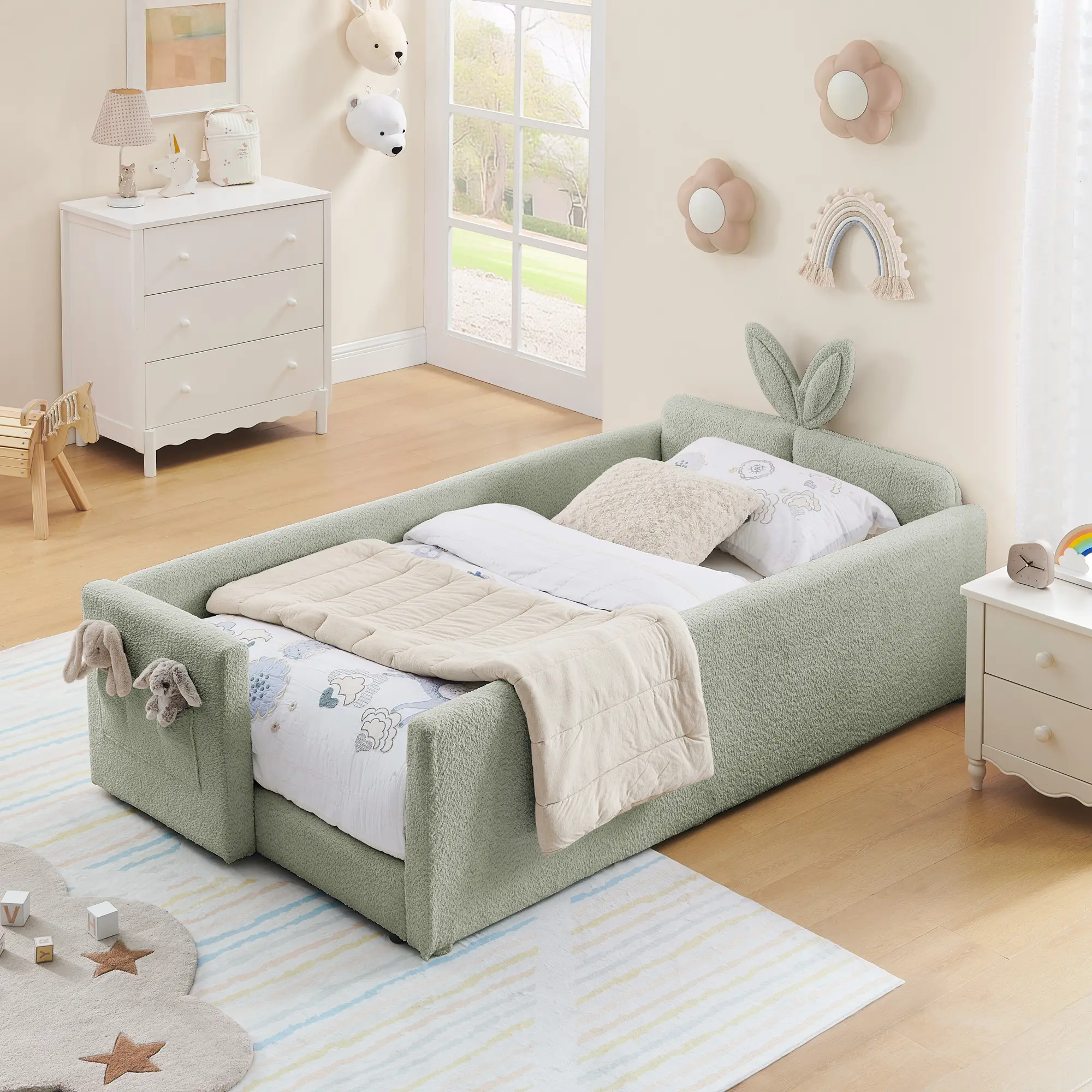 Eyisean Twin Size Boucle Upholstered Platform Floor Bed - Kids Furniture Bedroom Daybed Frame with Rabbit Ear Headboard, Built-in Side Pocket, Safety Rail for Small Spaces