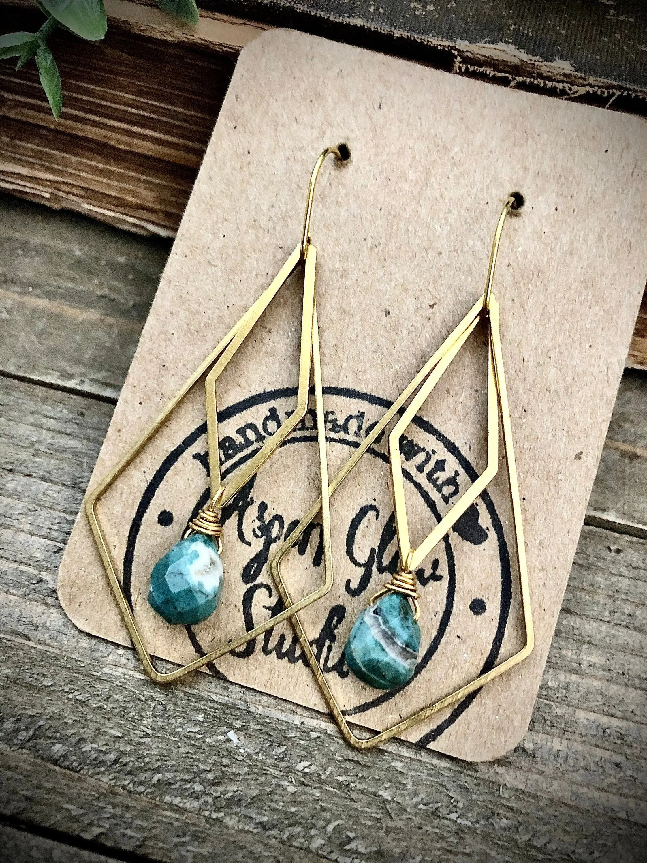 Gold Brass Geometric Jasper Earrings