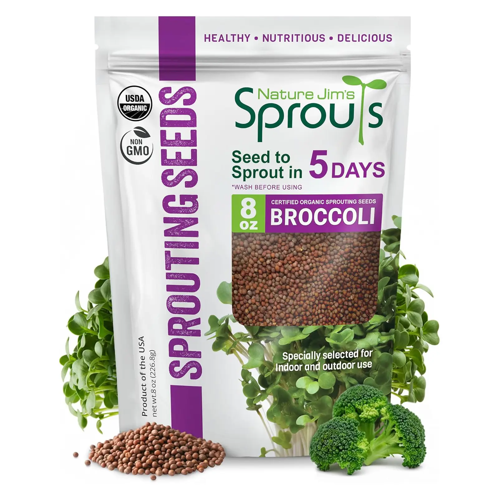 Nature Jim's Organic Broccoli Sprouting Seeds – Non-GMO, Rich in Sulforaphane, Fast-Growing Microgreen Seeds for Indoor/Outdoor Planting– Ideal Organic Sprouting Seed for Nutritious Gardening - 8oz
