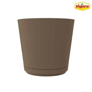 Large Chocolate Plastic Round Planter with Attached Saucer (16 in. L x 16 in. W x 14.2 in. H)