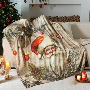 Christmas Throw Flannel Blanket Santa Claus Cozy Fuzzy Warm 60"x50" with Holiday Themed Print for Winter Couch Sofa Bed Home Decor Festive Gift